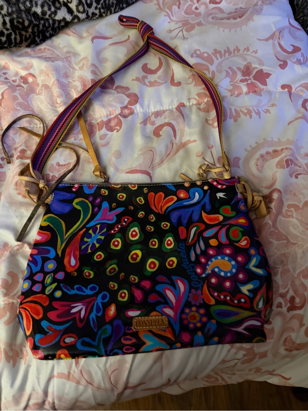 Consuela Black Crossbody with Multicolor Floral Print and Striped Strap